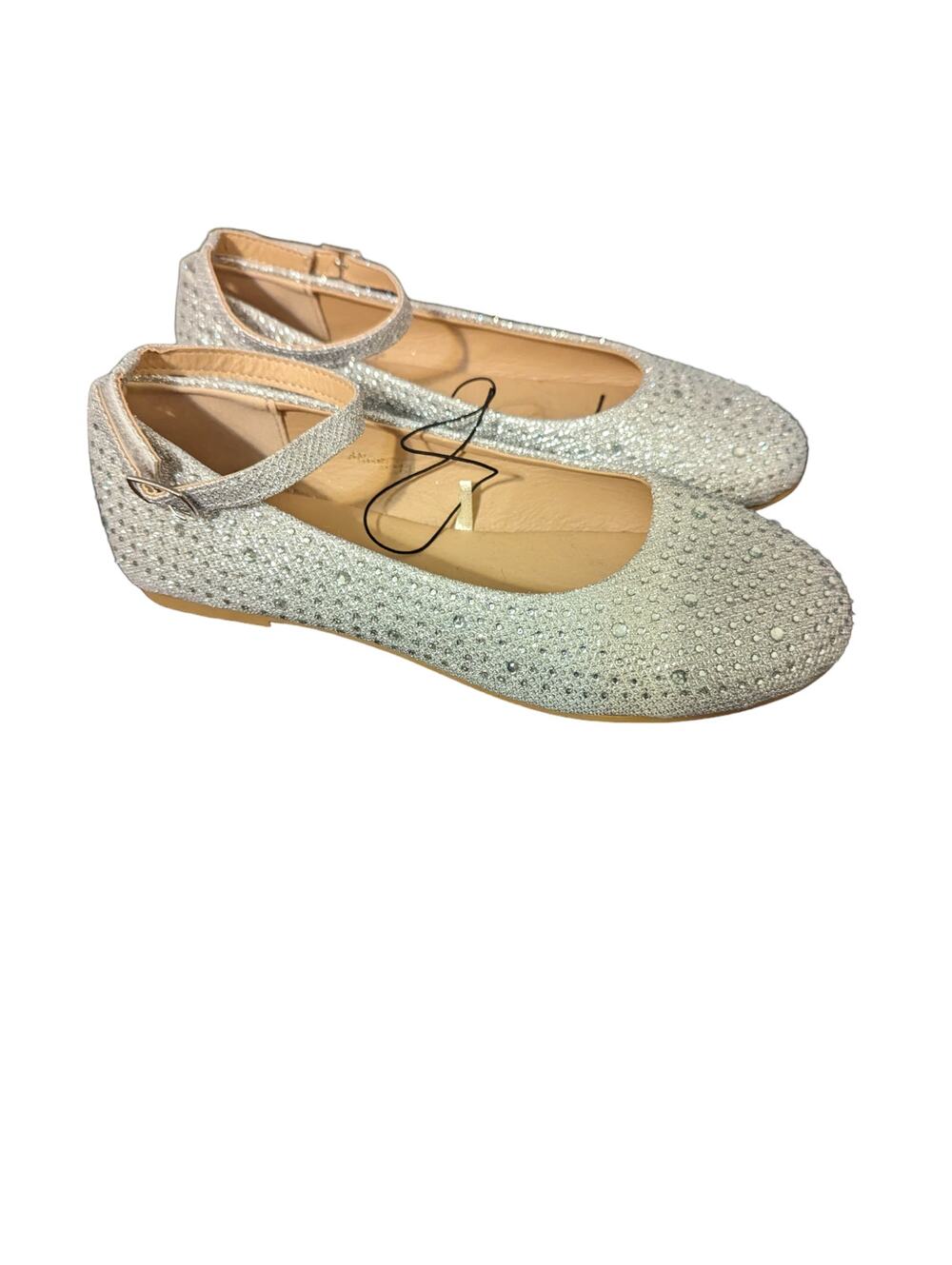 Adrienne Vittadini Girls Silver Rhinestone Ballet Flats with Ankle Strap Size 3